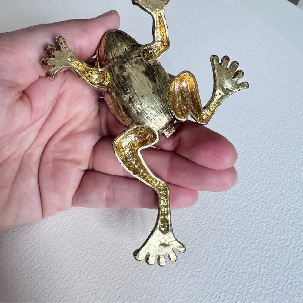 Vintage Gold Tone Brown Enamel Frog Prince Trinket Box Shelf Sitter